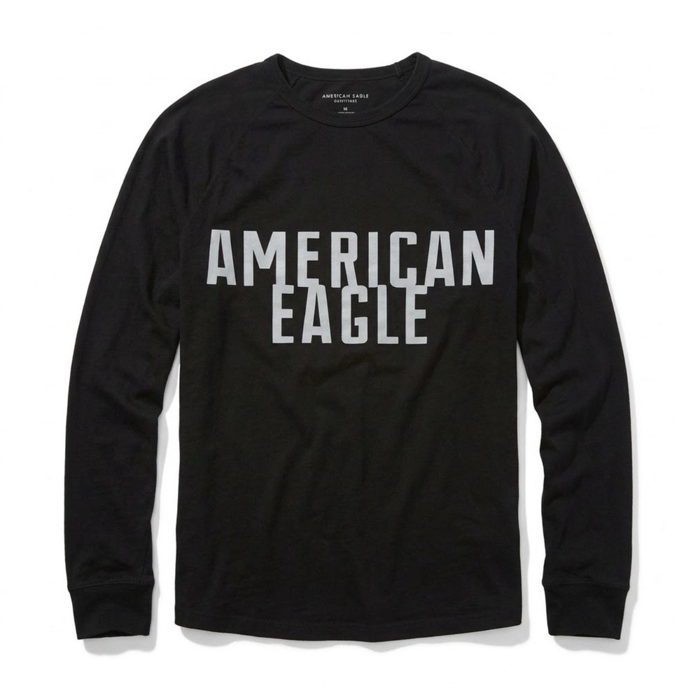 American Eagle Long Sleeve Tee Tshirt Mens XS Black Printed Round Neck Pullover